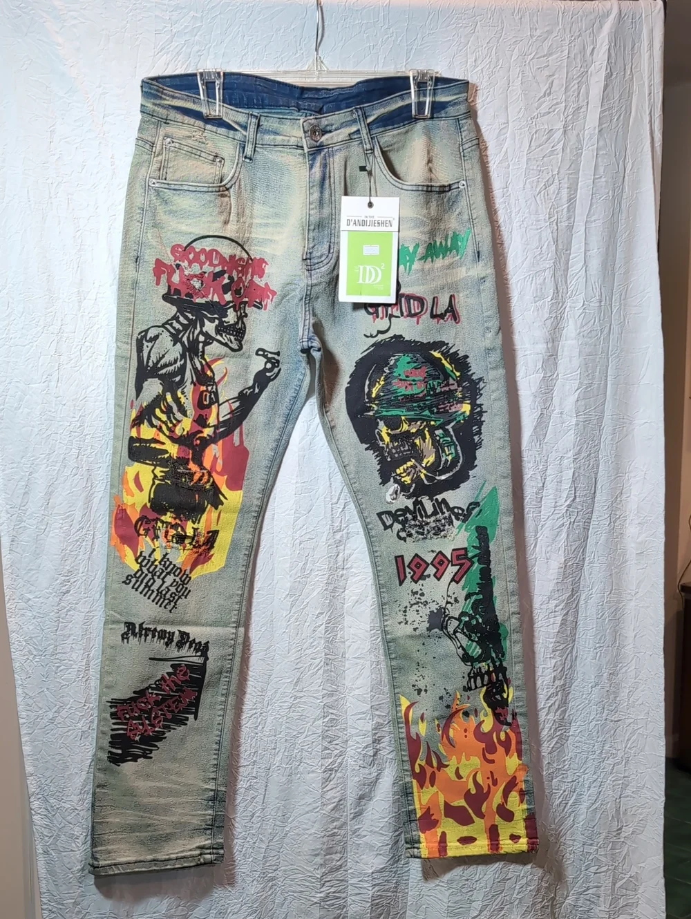 D'ANDREWSON Men’s Light Blue Skinny Jeans with Multicolor Graphic Prints